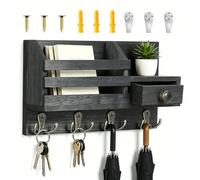Étagère à clés avec étagère, plaque à clés en bois avec 4 crochets doubles et tiroir de rangement, porte-lettres pour le mur, étagère murale pour porte-clés, organisateur pour entrée de bureau (noir)