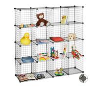 Étagère à emboîter Relaxdays en treillis métallique, 16 compartiments, système d'étagères ouvertes, cubes de 35 x 35 cm, étagère métallique à monter soi-même, noire