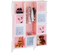 Étagère à emboîter Relaxdays pour chambre d'enfant (fille), motifs amusants, plastique, armoire à monter soi-même avec portes, dimensions 145 x 110 x 37,5 cm, rose
