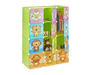 Étagère à emboîter Relaxdays pour chambre d'enfant, jolis motifs d'animaux, portes, tringles à vêtements, armoire en plastique H x L 145 x 110 cm, verte