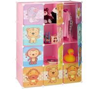 Étagère à emboîter Relaxdays pour chambre d'enfant, motifs d'animaux, filles, portes, tringles à vêtements, armoire en plastique 145 x 110 cm, rose