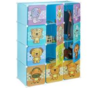 Étagère à emboîter Relaxdays pour chambre d'enfant, motifs d'animaux, garçons, portes, tringles à vêtements, armoire en plastique, 145 x 110 cm, bleu