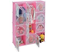 Étagère à emboîter Relaxdays pour enfants, 2 tringles à vêtements, portes ornées d'animaux, dimensions : 145 x 110 x 37 cm, armoire pour enfants à monter soi-même, rose