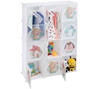 Étagère à emboîter Relaxdays pour enfants, 2 tringles à vêtements, portes ornées d'animaux, dimensions : 145 x 110 x 37 cm, armoire pour enfants à monter soi-même, blanche