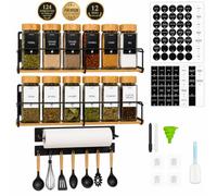Étagère à Épices Magnétique Frigo et Murale Sans Perçage - Kit 4 en 1 : 2 Étagères + Porte Essuie-Tout + Barre 6 Crochets - 12 Pots Verre 120 ml et 124 Étiquettes Françaises Incluses - Bambou