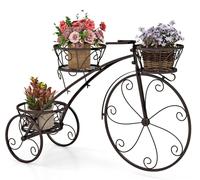 Étagère à fleurs en métal - Support à fleurs en forme de vélo - 3 paniers - Roues décoratives - Pour intérieur et extérieur - Marron
