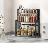 Étagère à herbes aromatiques et à café à trois niveaux – Bambou et métal – Étagère de cuisine sur pied – Range-plans de travail – Marron/Noir