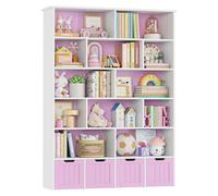 Étagère à jouets et à livres pour enfants - Étagère en bois avec 4 tiroirs à roulettes - 13 compartiments - 125,5 x 33 x 175 cm - Rose