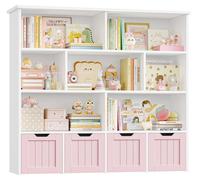 Étagère à jouets et bibliothèque pour enfants - Meuble de rangement - 4 tiroirs à roulettes - 8 compartiments - Bois - 125,5 x 33 x 118 cm - Rose