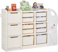 Étagère à jouets et livres pour enfants - Étagère de rangement avec boîtes - Quatre étages - Dix boîtes en plastique souples - Forme d'éléphant - Pour chambre d'enfant/école - Gris/beige