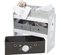 roba Étagère pour Jouets Enfant en Bois Rakete - 5 Paniers en Tissu Amovibles - Meuble de Rangement pour les Jouets - 64 x 30 x 60 cm - Motif Fusée - Gris / Noir