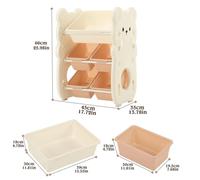 Étagère à jouets motif ours - Bibliothèque pour enfants avec bacs de rangement - 3 niveaux - 5 bacs de rangement - Pliable - Sur pied - Taille M - Beige