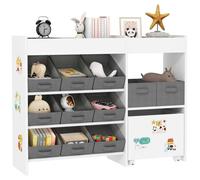 AIYAPLAY Étagère de rangement enfant pour jouets et livres, avec 11 bacs de rangements en tissu non tissé et un cabinet sur roulettes, pour chambre, salon, salle de jeu, 105x30x80cm, blanc