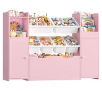 Étagère à jouets pour enfants - Bibliothèque à 3 étages avec armoire - 6 bacs amovibles - Armoire à 2 portes - Grand tiroir sur roulettes - 138 x 30 x 94 cm - Rose