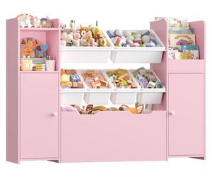 Étagère à jouets pour enfants - Bibliothèque à 3 étages avec armoire - 6 bacs amovibles - Armoire à 2 portes - Grand tiroir sur roulettes - 138 x 30 x 94 cm - Rose