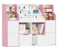 Étagère à jouets pour enfants - Bibliothèque à 3 niveaux - 6 compartiments ouverts - 2 tiroirs à roulettes - 4 portes - 8 bacs amovibles - 122 x 30 x 100 cm - Rose