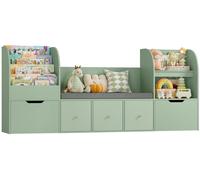 Étagère à jouets pour enfants - Bibliothèque à 4 étages avec banc - 2 tiroirs sur roulettes - 3 paniers en tissu - Bois - 180,5 x 35 x 80 cm - Vert