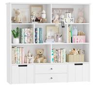 Étagère à jouets pour enfants - Bibliothèque en bois à roulettes - 7 compartiments ouverts - 4 tiroirs - 125,5 x 33 x 120 cm - Blanc