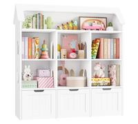 Étagère à jouets pour enfants - Bibliothèque en forme de maison - 7 compartiments ouverts, 3 tiroirs, roulettes - Bois - 120 x 33 x 117,5 cm - Blanc