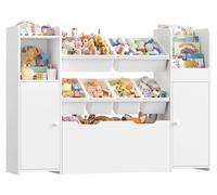 Étagère à jouets pour enfants - Bibliothèque et armoire à 3 étages - 6 bacs amovibles - 2 portes - grand tiroir à roulettes - Bois - 138 x 30 x 94 cm - Blanc