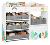 Étagère à jouets pour enfants - Bibliothèque / Étagère de rangement - 10 bacs en tissu - Bois - Avec porte - Sur roulettes - 30 x 109 x 80 cm