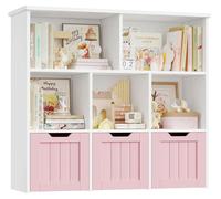 Étagère à jouets pour enfants - Étagère de rangement - 3 tiroirs et 6 compartiments - Étagère à livres pour chambre d'enfant ou salle de jeux - En bois - 100 x 33 x 89,5 cm - Rose