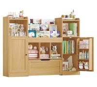 Étagère à jouets pour enfants - Meuble de rangement - 3 niveaux, 2 portes, grand tiroir à roulettes, 8 bacs amovibles, bois, 140 x 33 x 108 cm - Chêne