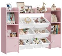 Étagère à jouets pour enfants - Rangement en bois pour jouets et bibliothèque - 8 bacs amovibles - Rangement pour chambre d'enfant ou salle de jeux - 138 x 29 x 94 cm - Rose