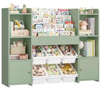 Étagère à jouets pour enfants - Rangement pour jouets avec étagère à livres - 8 bacs amovibles - 4 niveaux - Bois - 119 x 29,5 x 94 cm - Vert