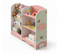 Étagère à jouets Relaxdays, H x L x P 80×82×26 cm, 4 casiers, 3 pochettes, meuble enfant MDF, rose/vert