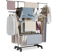 - Étagère à linge extensible Fold Care V60 XXL, noire, avec roulettes, 5 niveaux doubles et 18-21 mètres de corde à linge. Sèche-linge avec support pour cintres et espace pour les vêtements de 1,5 mèt