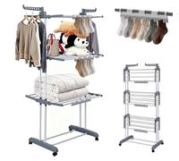 Étagère à linge - Modèle tour - Pliable - 3 niveaux, 24 barres de séchage - Capacité de charge : 40 kg - 3 supports pour chaussettes - Roulettes pivotantes à 360° avec frein de blocage - Gris clair