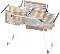 Étagère à linge pliable et extensible, modèle à ailes, de couleur blanche. Dimensions : 57 x 162 x 86 cm. Séchoir stable avec pieds antidérapants, adapté à une utilisation intérieure et extérieure