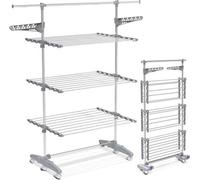 Étagère à linge pliante - Acier inoxydable - Sèche-linge pliable sur roulettes - 3 niveaux - Modèle tour - Réglable - Capacité de 30 kg / Longueur de séchage de 23 mètres - Sèche-linge - Pliable, dépl
