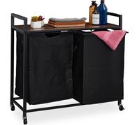 Étagère à linge Relaxdays, 2 compartiments coulissants, support à linge à roulettes, panier à linge, style industriel, noir/marron