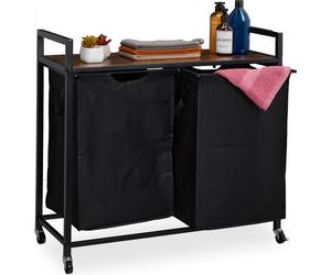 Étagère à linge Relaxdays, 2 compartiments coulissants, support à linge à roulettes, panier à linge, style industriel, noir/marron