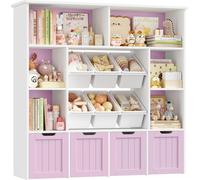 Étagère à livres et à jouets pour enfants - Étagère de rangement en bois - 6 compartiments ouverts - 4 tiroirs sur roulettes - 6 bacs de rangement - 125 x 33 x 121,5 cm - Violet clair