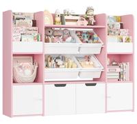 Étagère à livres et à jouets pour enfants - Étagère de rangement en bois pour jouets - 13 compartiments avec bacs - Bacs de rangement amovibles - 126 x 30 x 104 cm - Rose