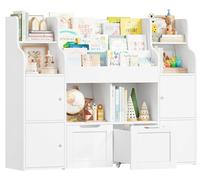 Étagère à livres et à jouets pour enfants - Meuble en bois à 3 niveaux - 6 compartiments ouverts - 2 tiroirs à roulettes - 8 bacs amovibles - 122 x 30 x 100 cm - Blanc