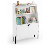 Étagère à livres pour enfants COSTWAY, avec 2 portes et 4 étagères, en bois, design ondulé, étagère pour jouets de type Montessori avec pieds, organisateur de jouets, blanche