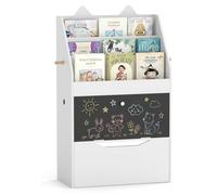 Étagère à livres pour enfants COSTWAY, étagère pour enfants avec 2 crochets, 3 étagères, un placard, un tiroir, un tableau et des motifs de chat, étagère à jouets et livres pour enfants à partir de 3 