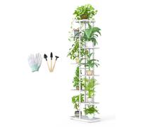Étagère à plantes blanche à 8 niveaux, avec outils de jardinage et gants inclus, hauteur 141 cm, étagère à plantes en métal pour l'intérieur et l'extérieur, étagère à fleurs à plusieurs niveaux, étagè