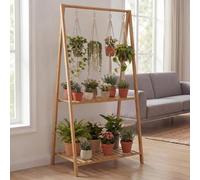 Étagère à plantes en bambou HWC-Q32, escalier à fleurs, étagère de salle de bain, barre, 2 tablettes, 130 x 70 x 44 cm ~ naturel