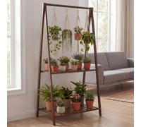 Étagère à plantes en bambou HWC-Q32, escalier à fleurs, étagère de salle de bain, barre, 2 tablettes, 130 x 70 x 44 cm ~ marron