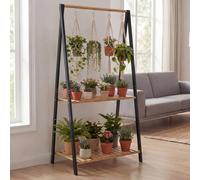 Étagère à plantes en bambou HWC-Q32, escalier à fleurs, étagère de salle de bain, tige, 2 tablettes, 130 x 70 x 44 cm ~ naturel-noir