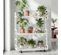 Étagère à plantes en bambou HWC-Q33, escalier à fleurs, support à fleurs, escalier à plantes, 3 étagères, roulettes, 105 x 90 x 38 cm ~ blanc