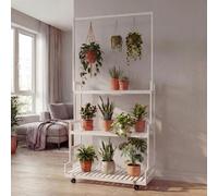Étagère à plantes en bambou HWC-Q33, escalier à fleurs, support à fleurs, escalier à plantes, tige, 3 étagères, roulettes, 175 x 93 x 38 cm ~ blanc
