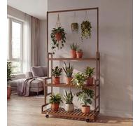 Étagère à plantes en bambou HWC-Q33, escalier à fleurs, support à fleurs, escalier à plantes, tige, 3 étagères, roulettes, 175 x 93 x 38 cm ~ marron