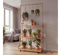 Étagère à plantes en bambou HWC-Q33, escalier à fleurs, support à fleurs, escalier à plantes, tige, 3 tablettes, roulettes, 175 x 93 x 38 cm ~ naturel