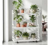 Étagère À Plantes En Bambou Hwc-Q33, Étagère En Escalier Pour Fleurs, 3 Niveaux, Roulettes, 105 X 90 X 38 Cm Blanc Blanc